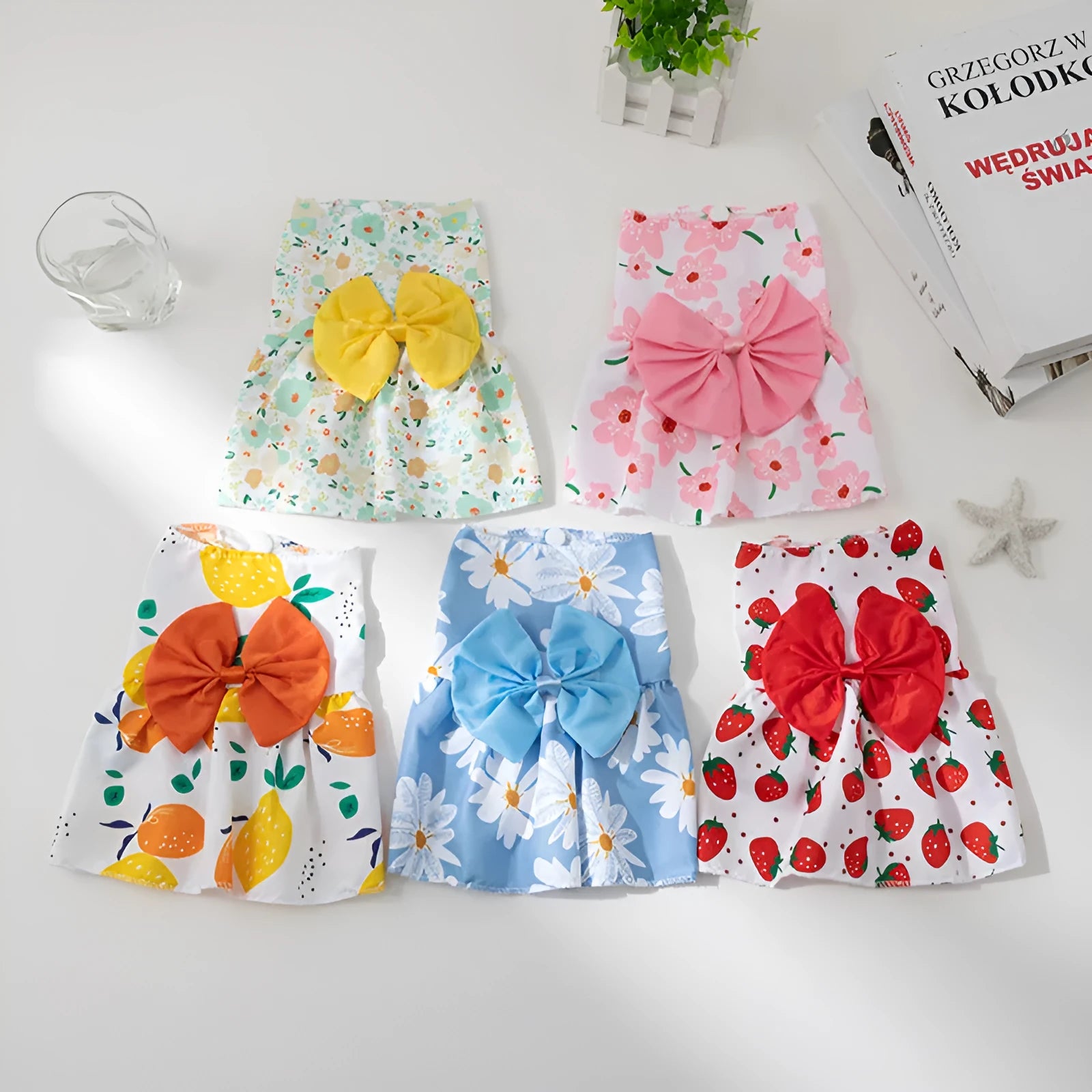 Ultra-thin summer pet dress with floral butterfly knot bow on dog model