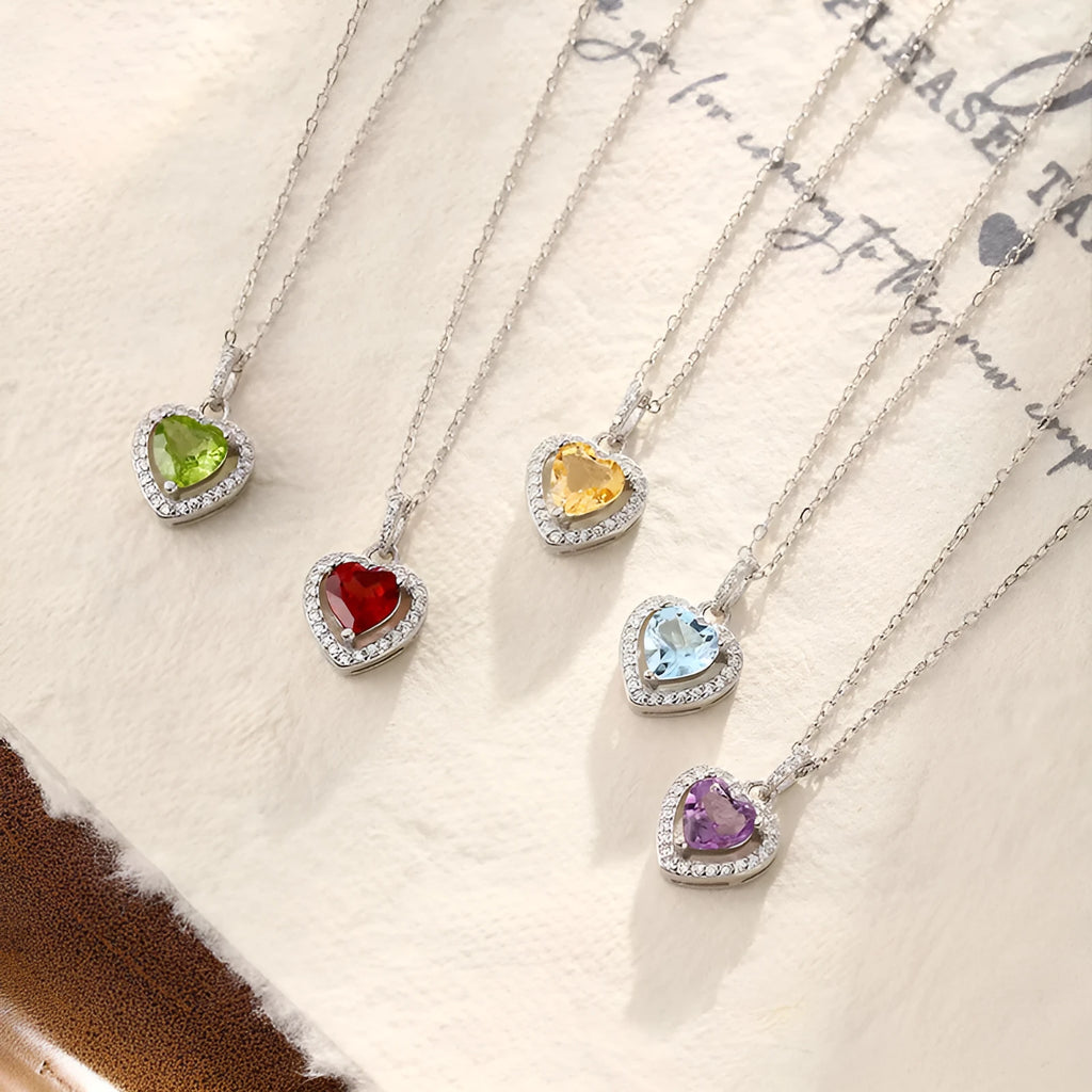 Women's sterling silver S925 necklace with heart-shaped natural gemstone pendant on cross chain