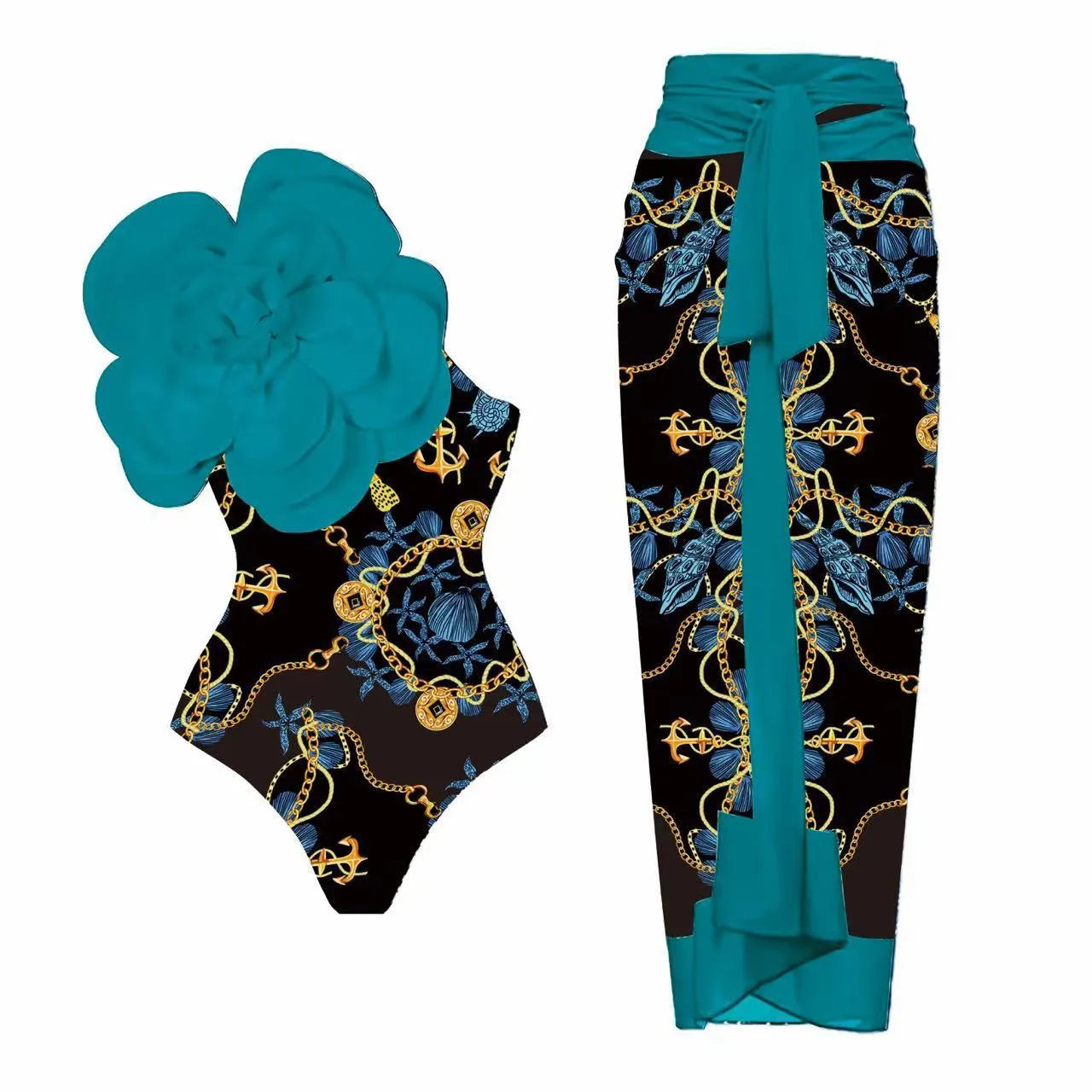 Women's floral print one-piece swimsuit with matching cover-up dress in polyester fabric