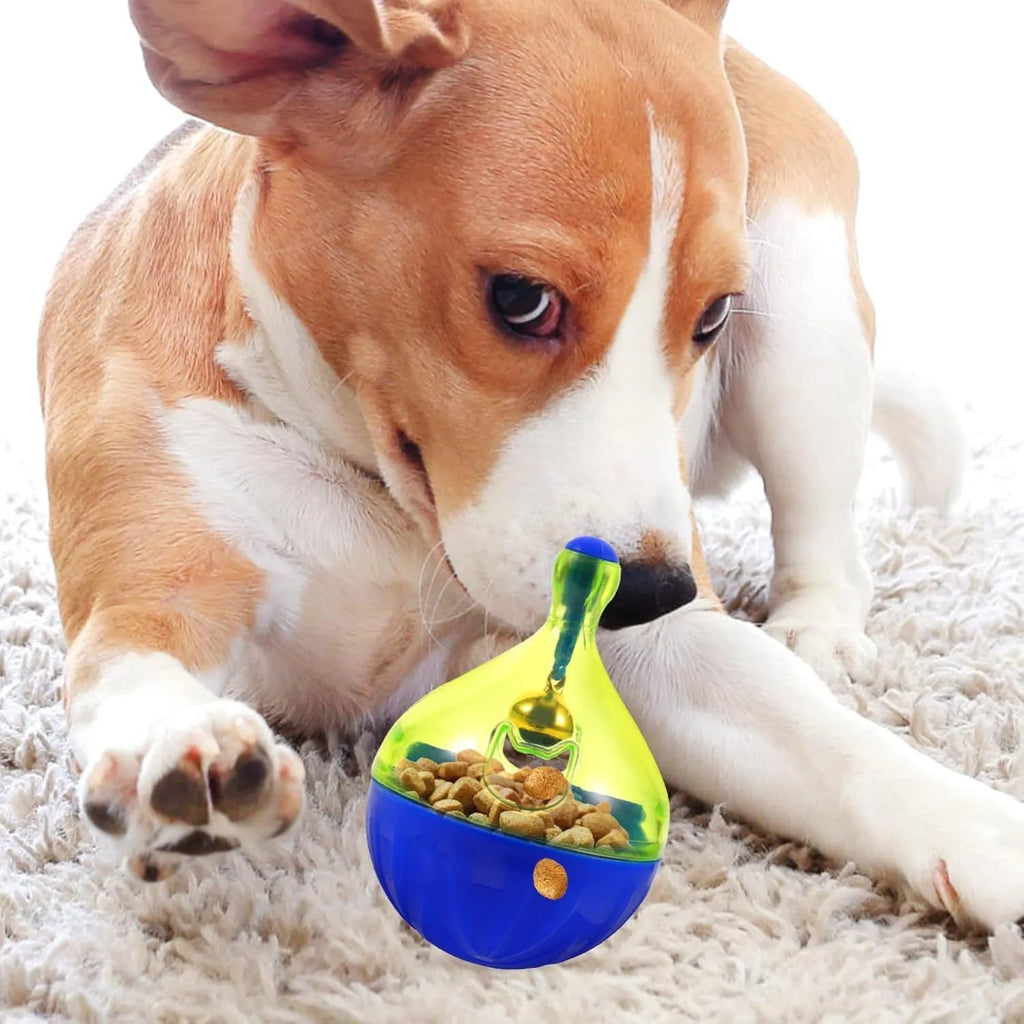 L-size interactive pet treat dispenser ball for dogs and cats, showing tumbler design with treat openings.