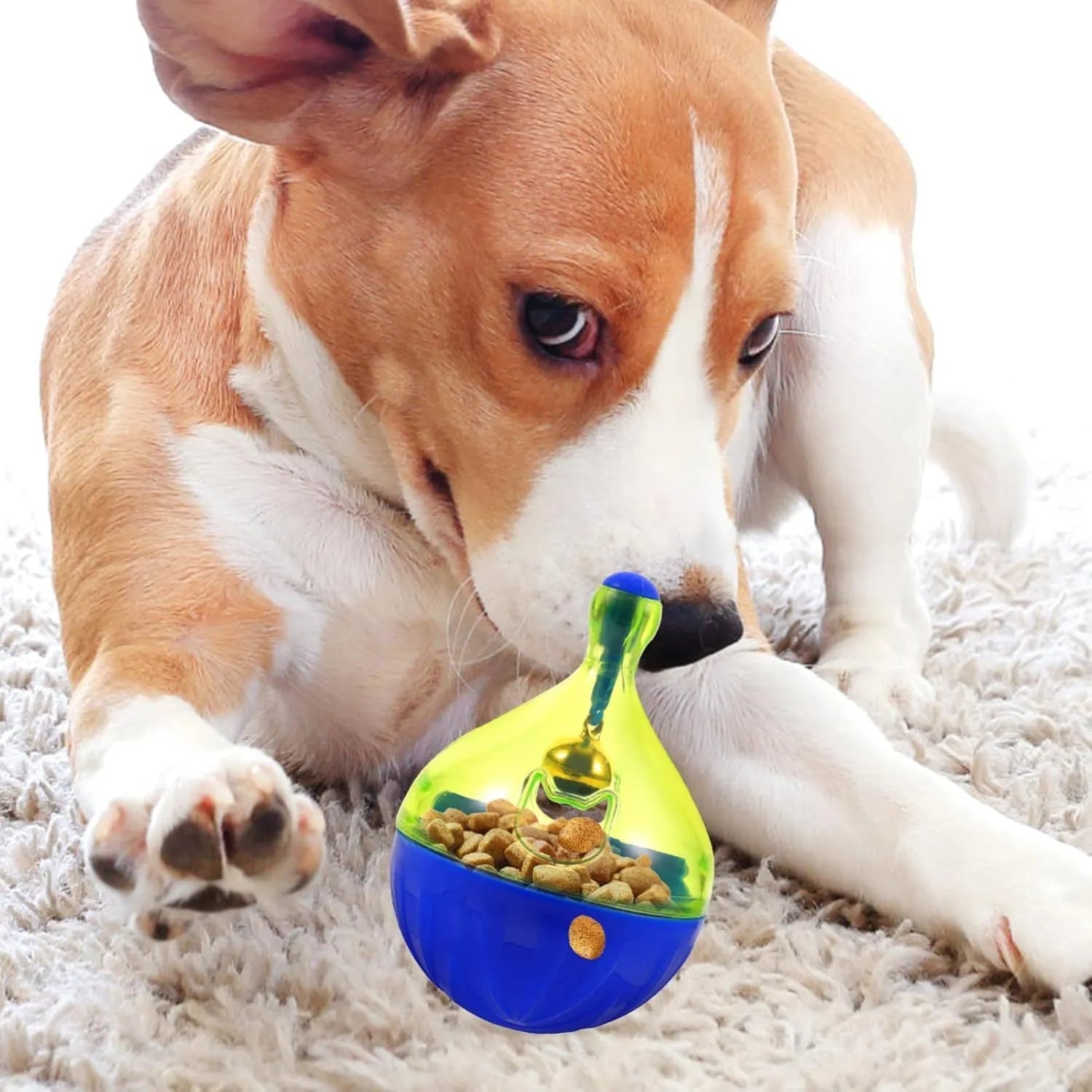 L-size interactive pet treat dispenser ball for dogs and cats, showing tumbler design with treat openings.