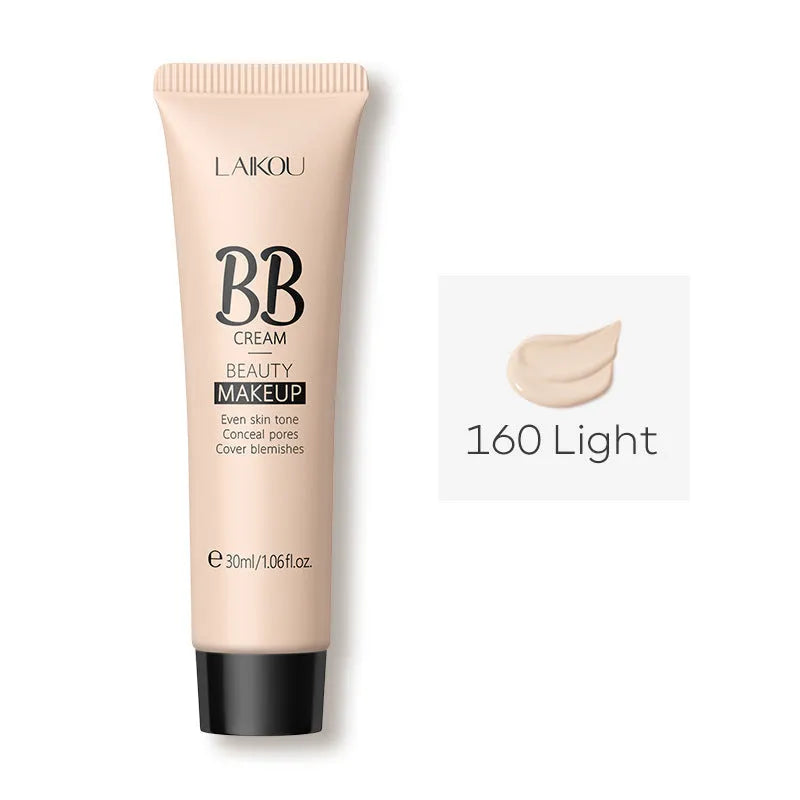 30ml tube of BB cream showing the nine available colour shades from ivory white to brown.