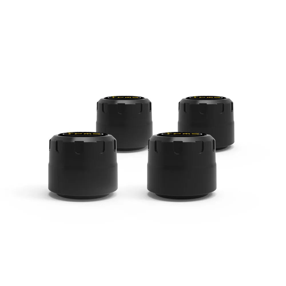 Four black Bluetooth tyre pressure sensors with wrench and anti-theft screws for vehicle installation