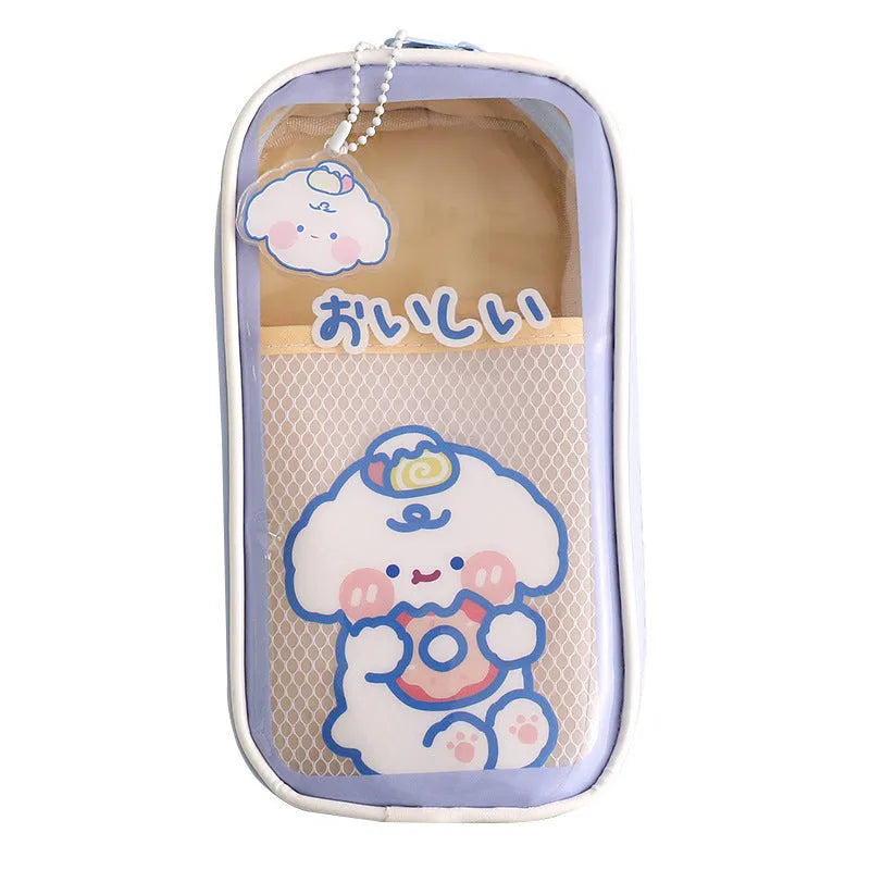 Transparent cartoon pencil case showing interior storage space with zippered closure