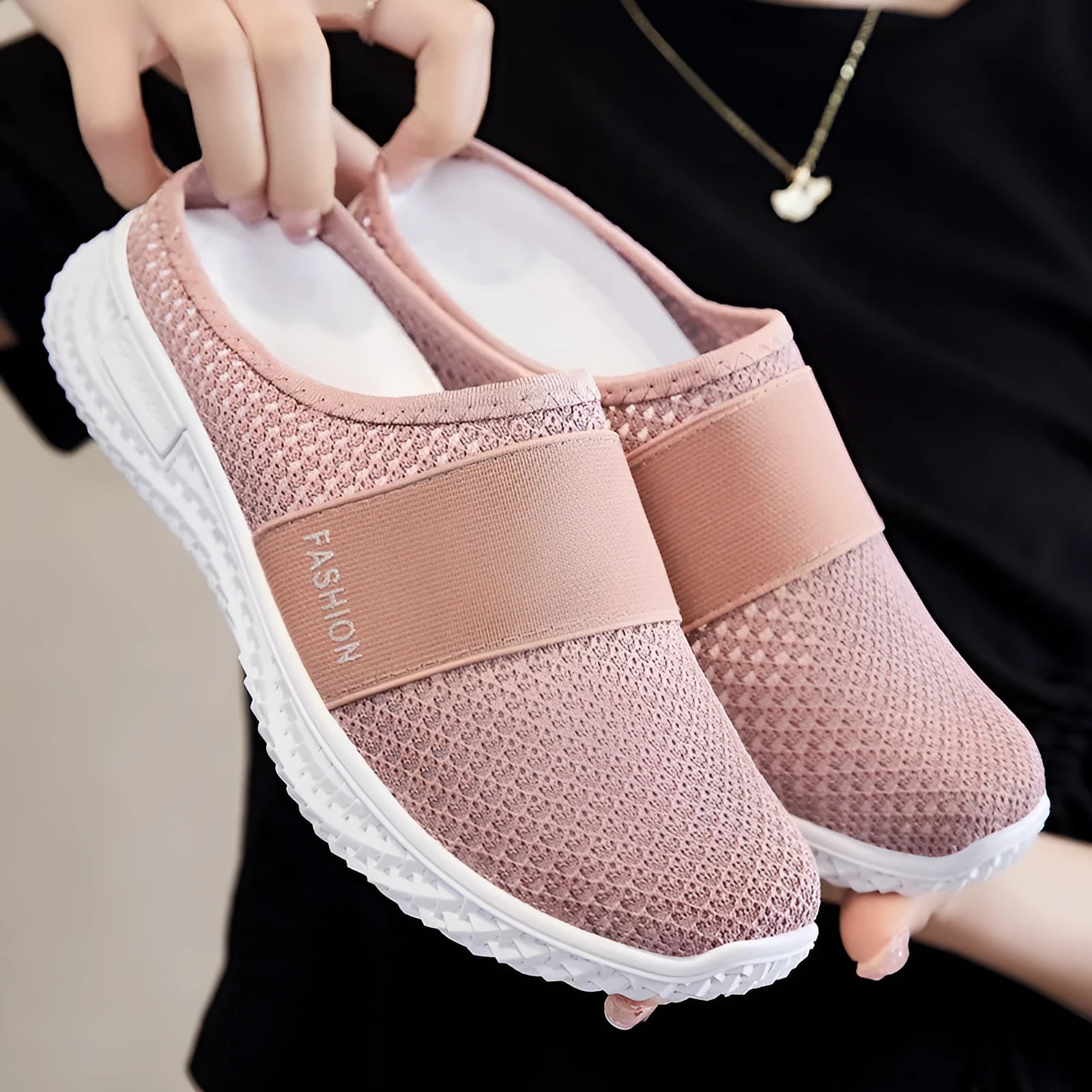 Women's mesh casual shoes with flat heel, hollow-out detailing, and round toe in multiple colour options