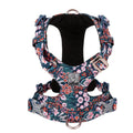 Pure cotton dog harness in a floral pattern, showing the chest strap and pull-resistant design.