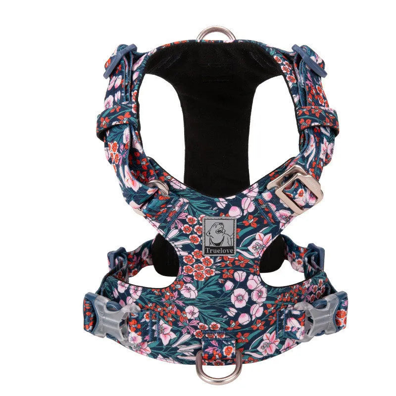 Pure cotton dog harness in a floral pattern, showing the chest strap and pull-resistant design.