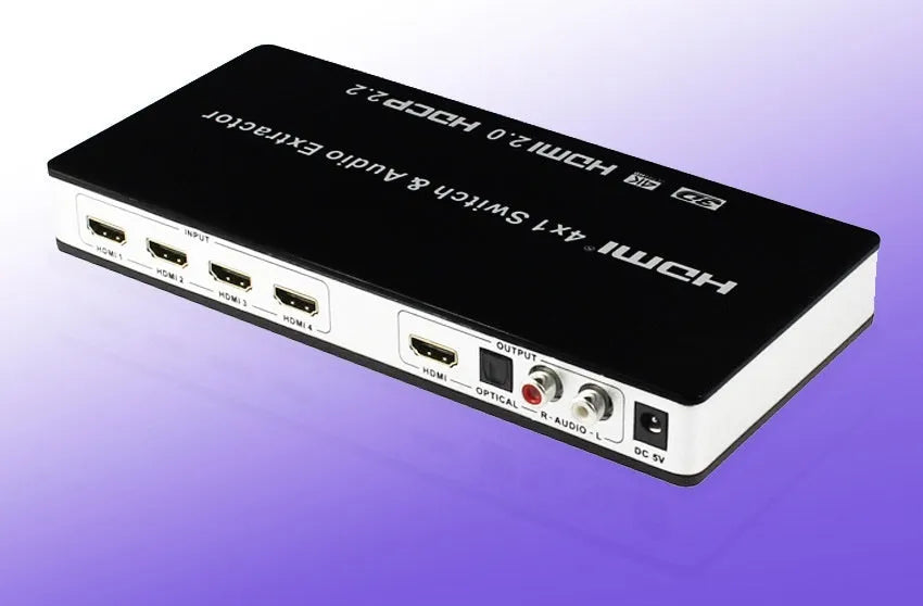 Black HDMI switch with four inputs one output remote control for 4K video switching