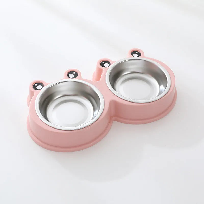 Stainless steel pet bowl with frog design and two compartments for food and water