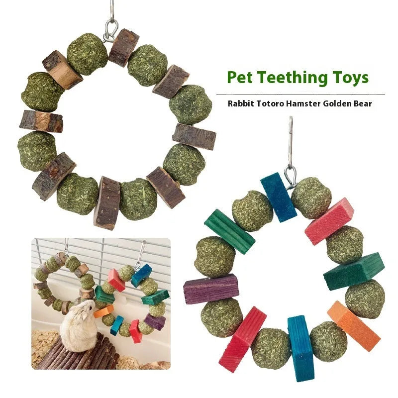 Hamster chew toy with decorative straw ball ring for small animal dental care