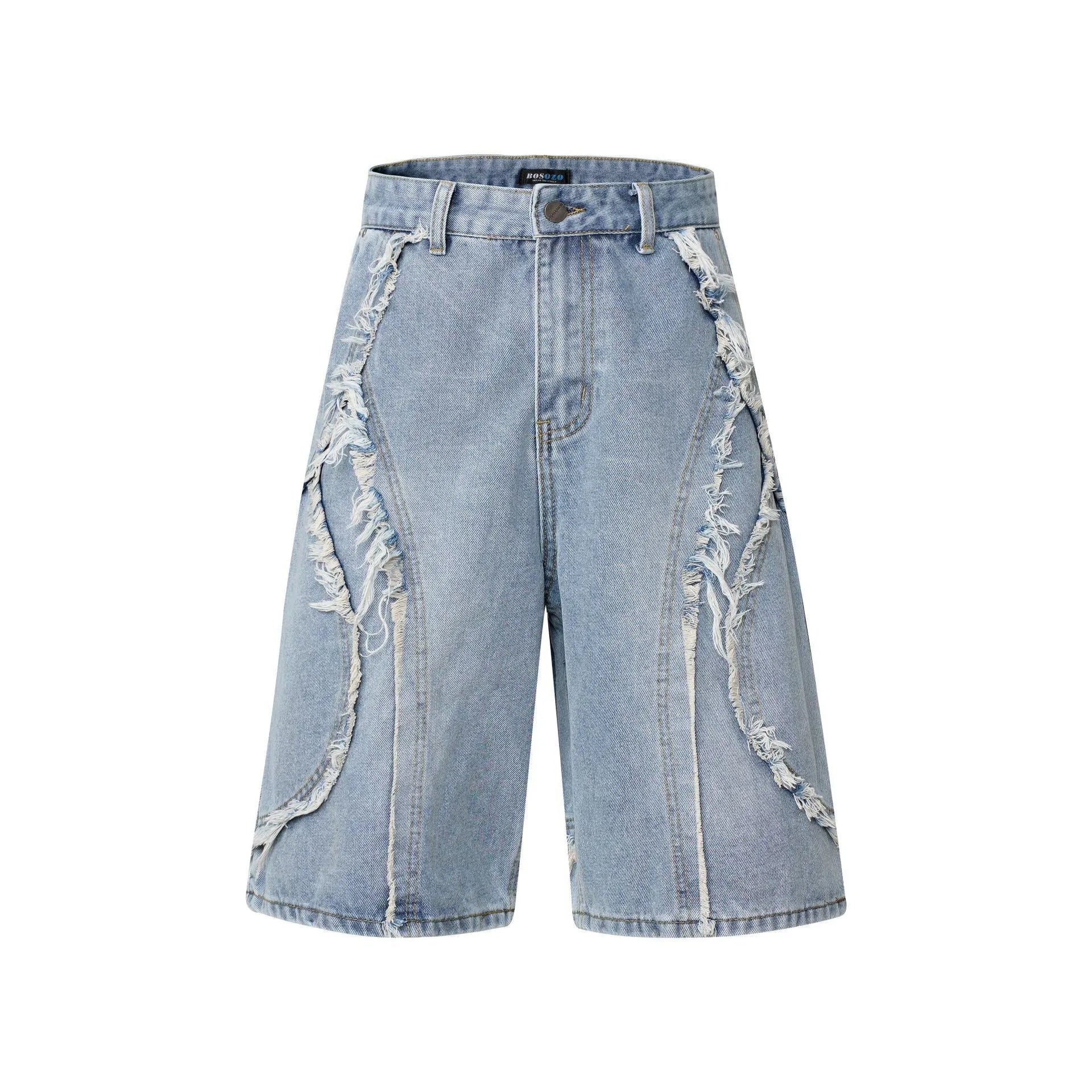 Distressed blue denim shorts with raw edge hem on a plain background, showing straight leg cropped fit.