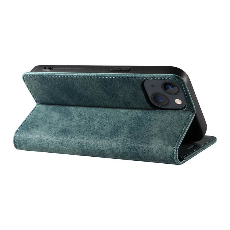 Magnetic flip phone case for iPhone in various colours showing TPU and leather construction