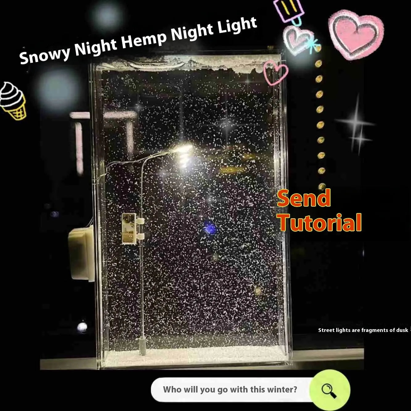 DIY snowy landscape Christmas night light kit with LED lights and gift bag on a desktop