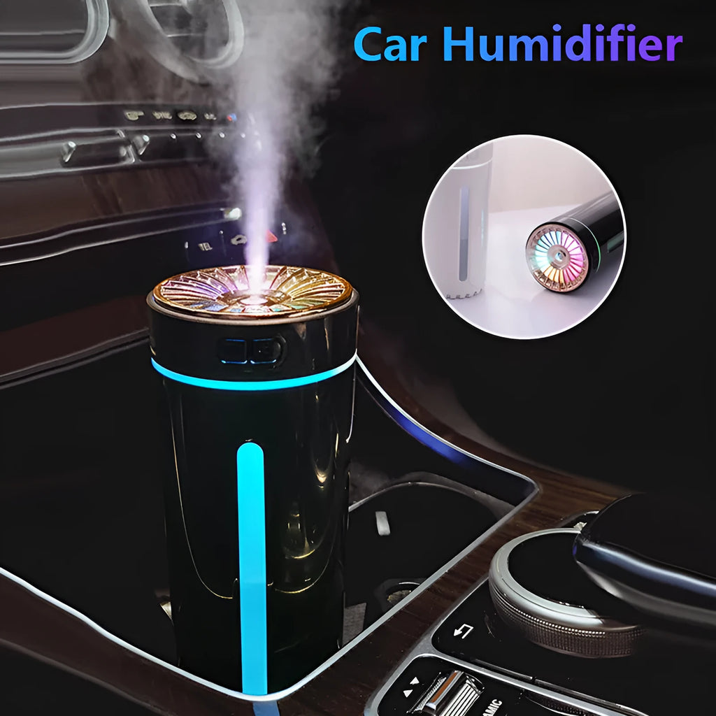 Black portable USB rechargeable humidifier with colourful LED lights and compact design for car or desktop use