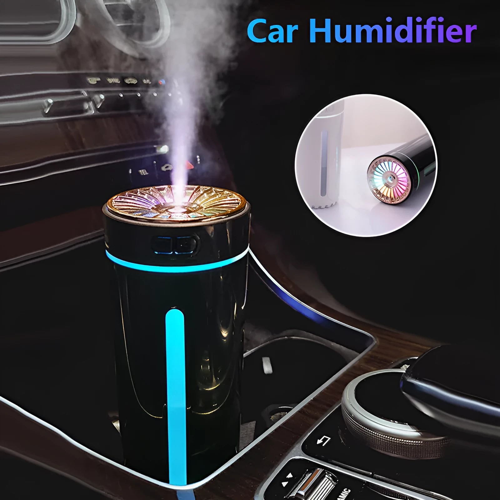 Black portable USB rechargeable humidifier with colourful LED lights and compact design for car or desktop use