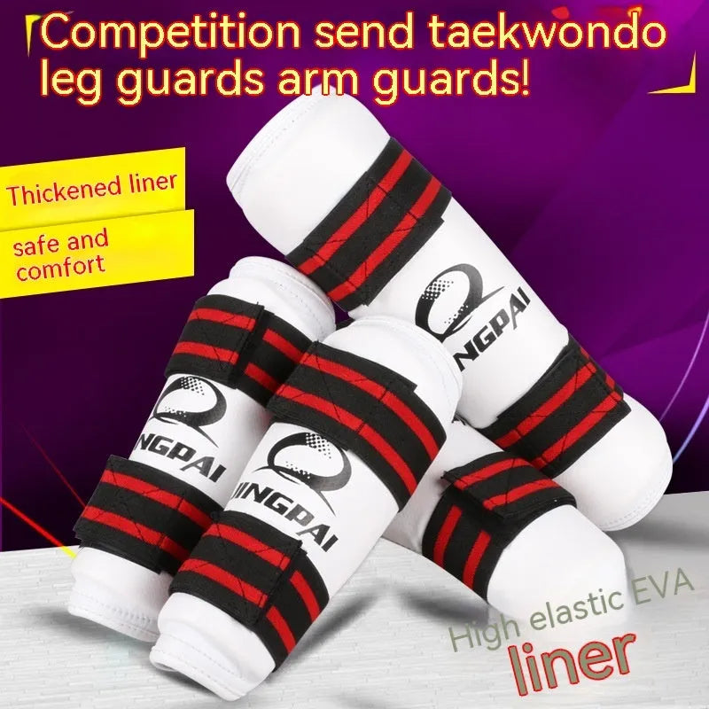 Taekwondo protective gear set showing arm guards, elbow protectors, and leg guards in PU EVA foam material