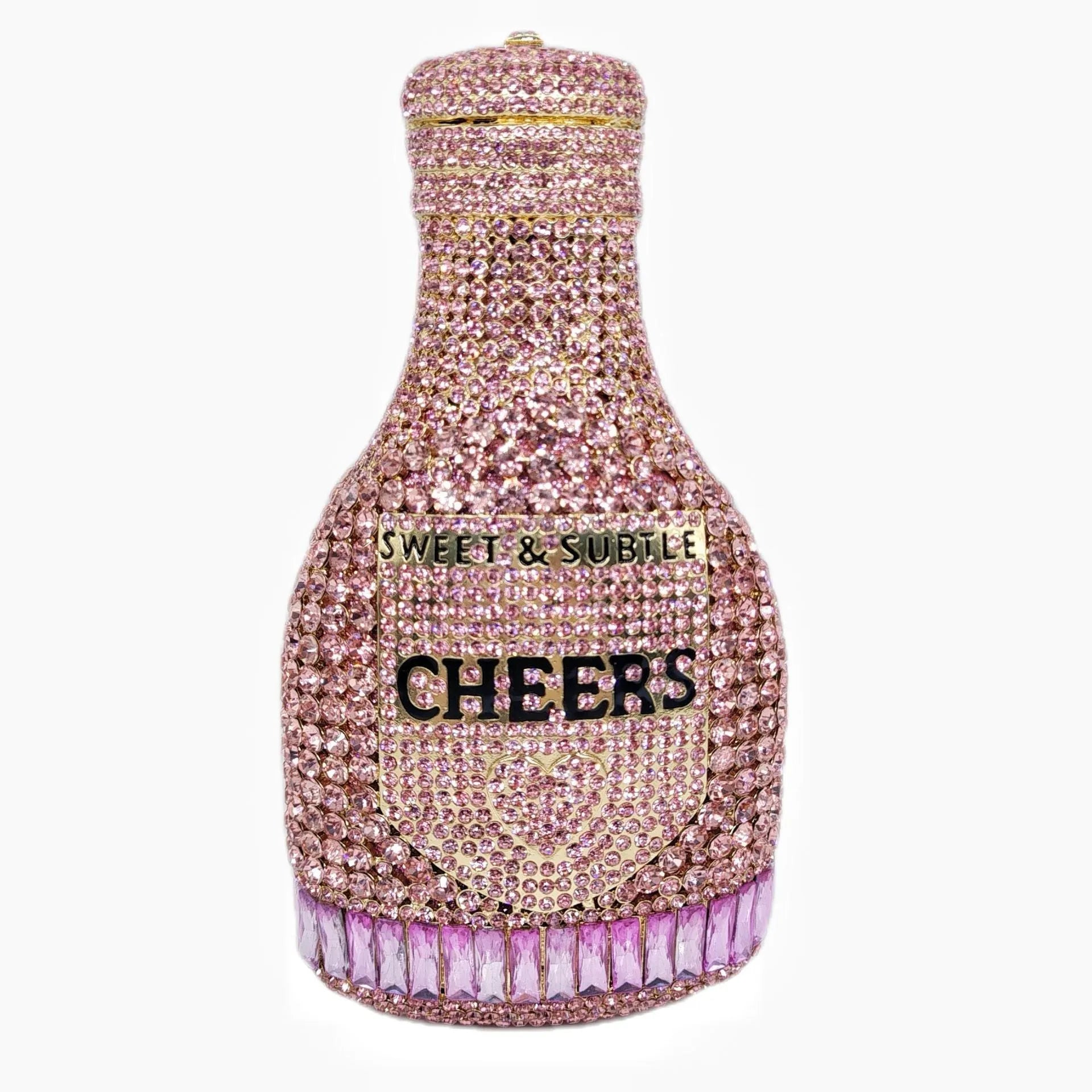 Gold champagne bottle shaped evening clutch with alloy frame measuring 20cm tall