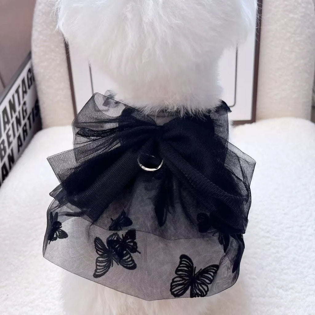 Black princess tulle skirt dress for a small dog or cat on a mannequin, showing the gauze material.