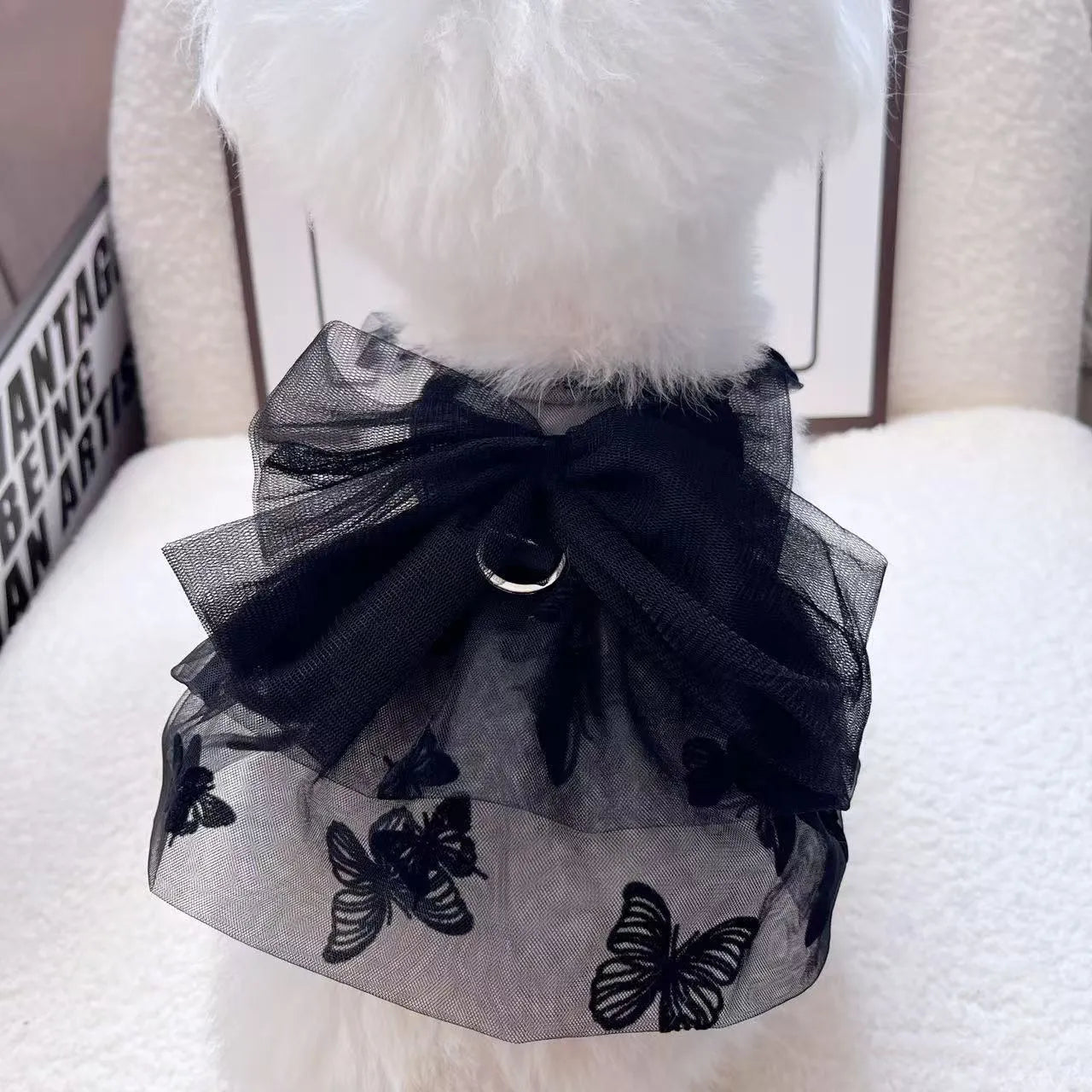 Black princess tulle skirt dress for a small dog or cat on a mannequin, showing the gauze material.