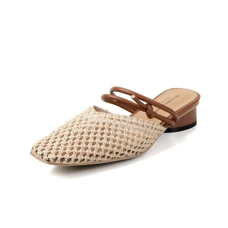 Women's French-style square toe outdoor slippers with hollow-out design and chunky retro heel