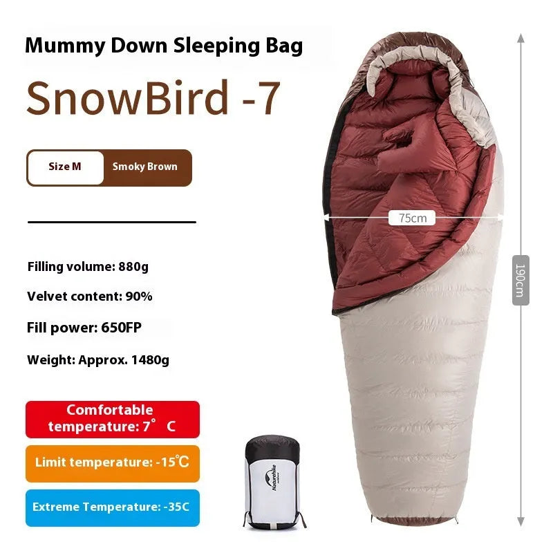 Adult mummy-style sleeping bag with goose down filler in multiple colour and weight options.