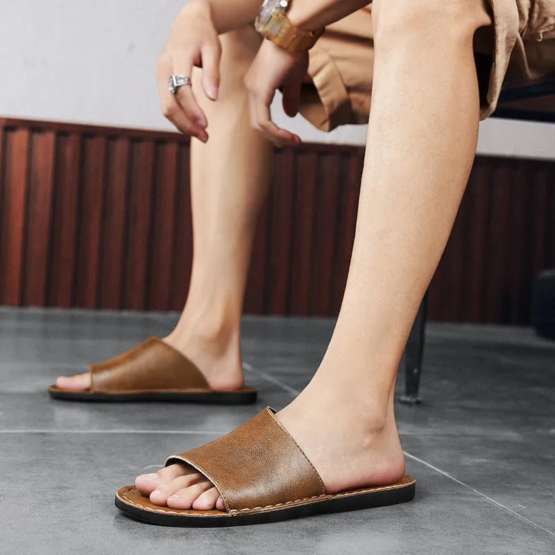 Men's brown leather casual sandals with rubber soles for outdoor spring and summer wear