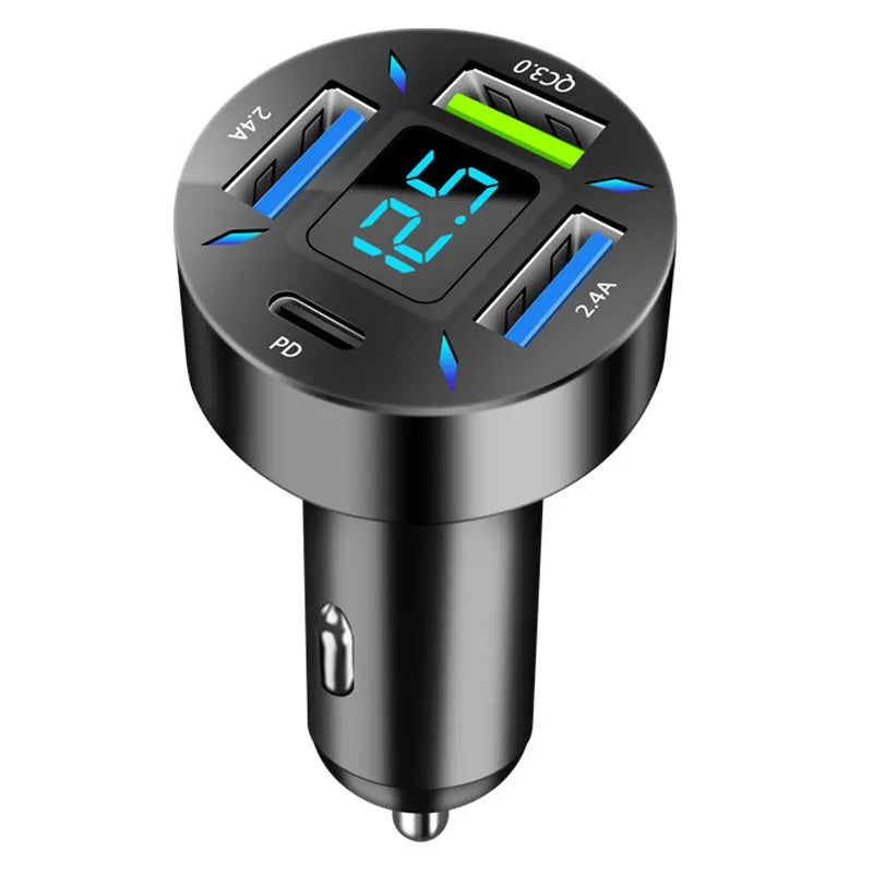 Four-port USB car charger with digital voltage display showing output reading