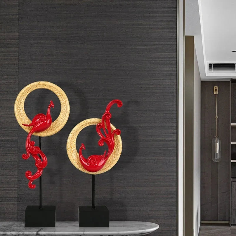 European style synthetic resin phoenix ornament in rose gold, silver, or red colour.
