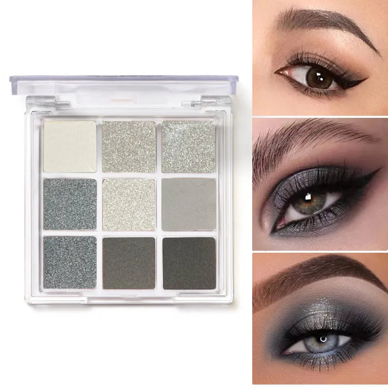 Smoked case nine colour eye shadow palette showing white, silver, black, and iron grey shades