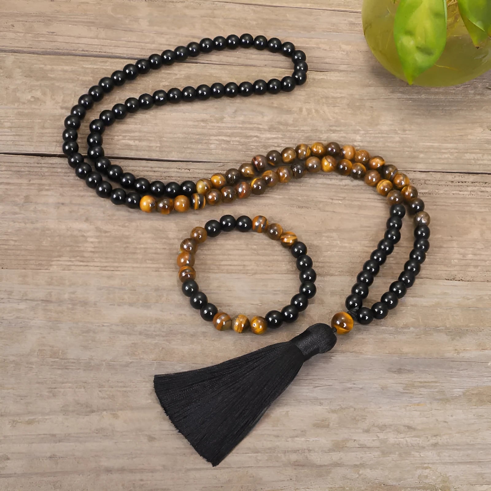 Handmade vintage tiger eye stone necklace with tassel details and ball bead chain