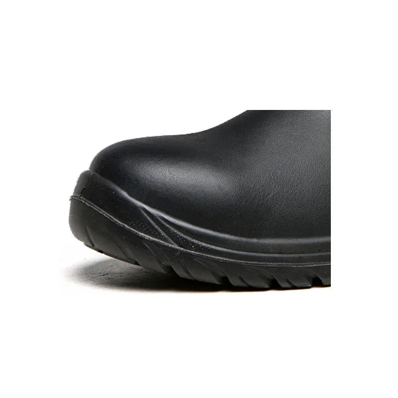 Black leather safety boots with steel toe caps and high-top design for industrial workplace protection