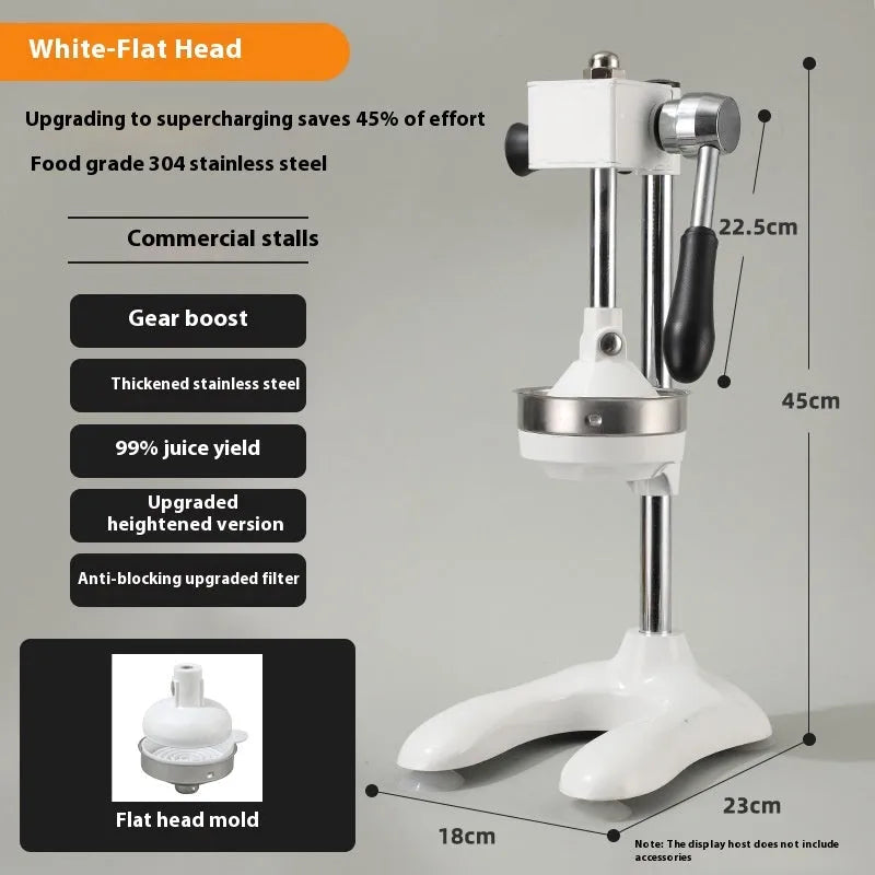 Vertical stainless steel manual juicer on zinc alloy base, showing colour and head style options.