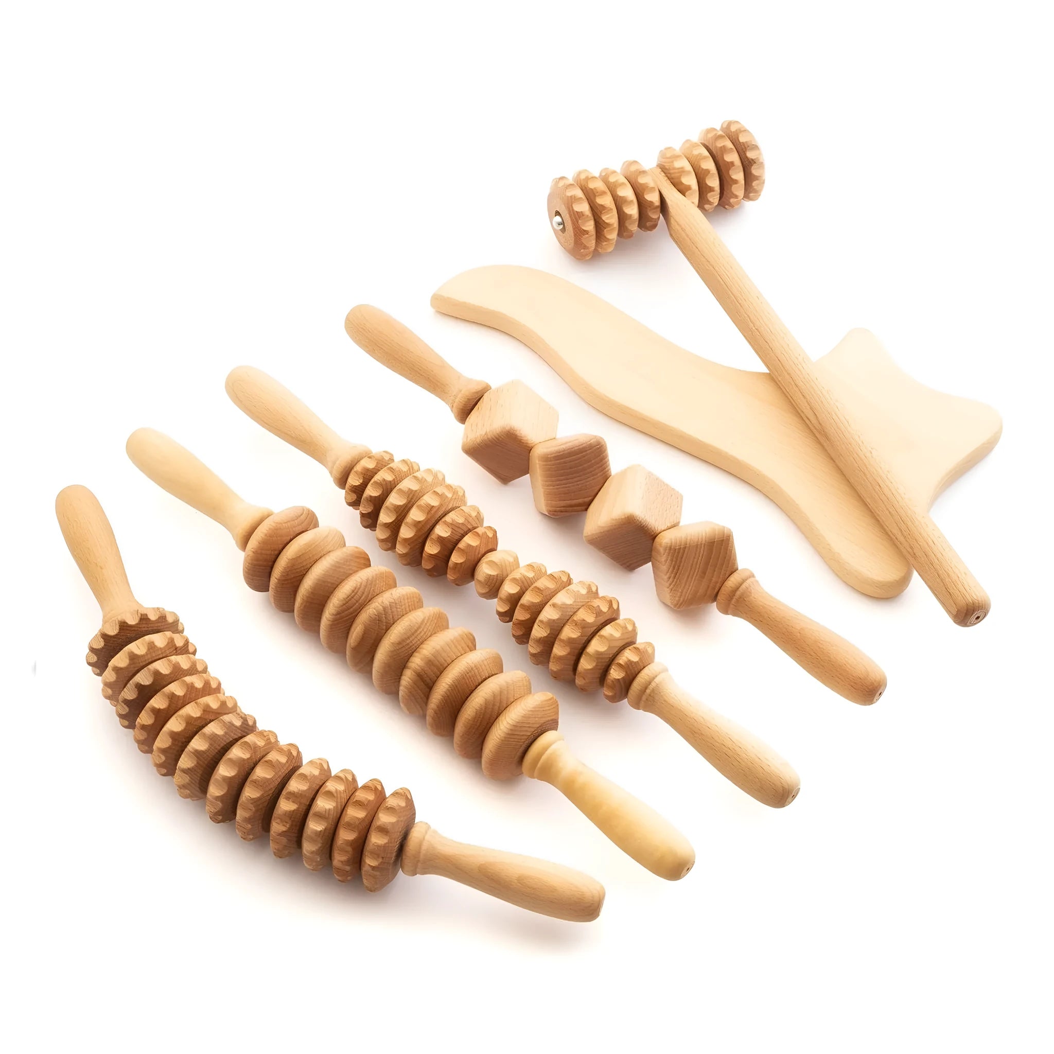 Beech wood massage roller set showing T-shaped design, multiple wheel configurations and back massager