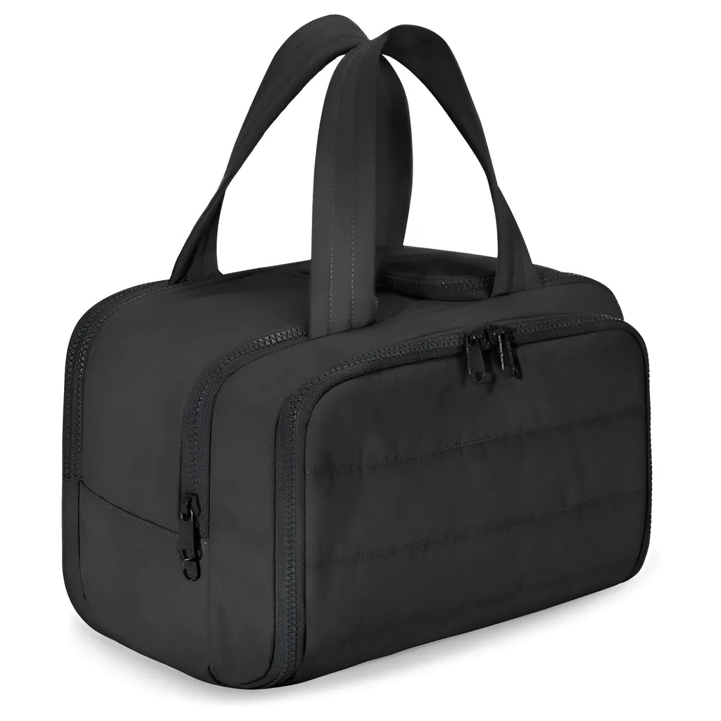 Large travel toiletry bag in lightweight polyester with wide opening, shown in available colours