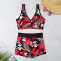 Women's two-piece printed swimsuit set showing sleeveless top and briefs-style bottom in one of seven colour patterns