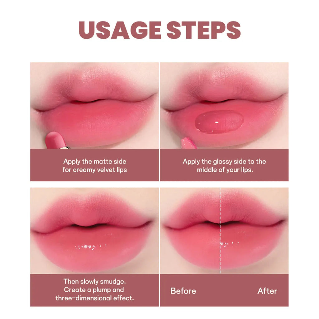 Double-headed lipstick showing matte finish on one end and matching gloss on the other