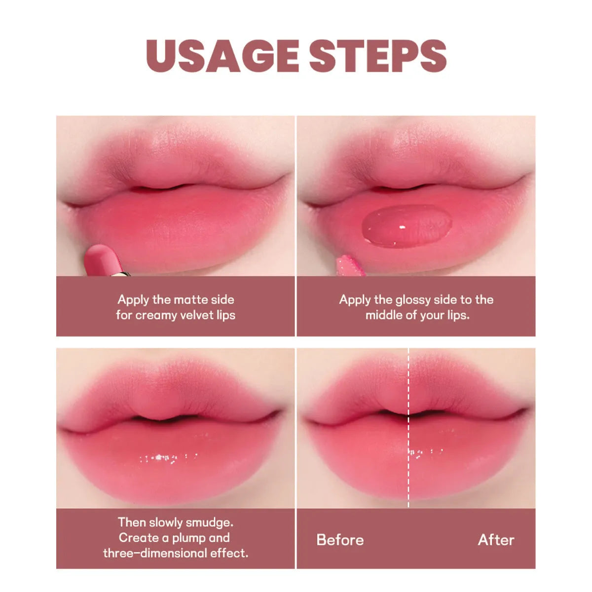 Double-headed lipstick showing matte finish on one end and matching gloss on the other
