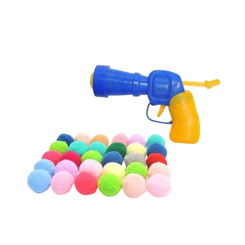 Interactive pet toy gun with plush balls for dogs and cats, showing launcher with 30cm barrel and multiple soft balls