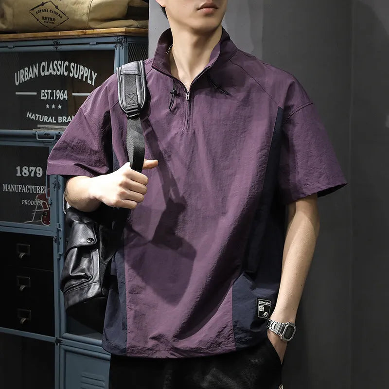 Men's brown half-zip stand collar shirt with short sleeves and loose fit summer design