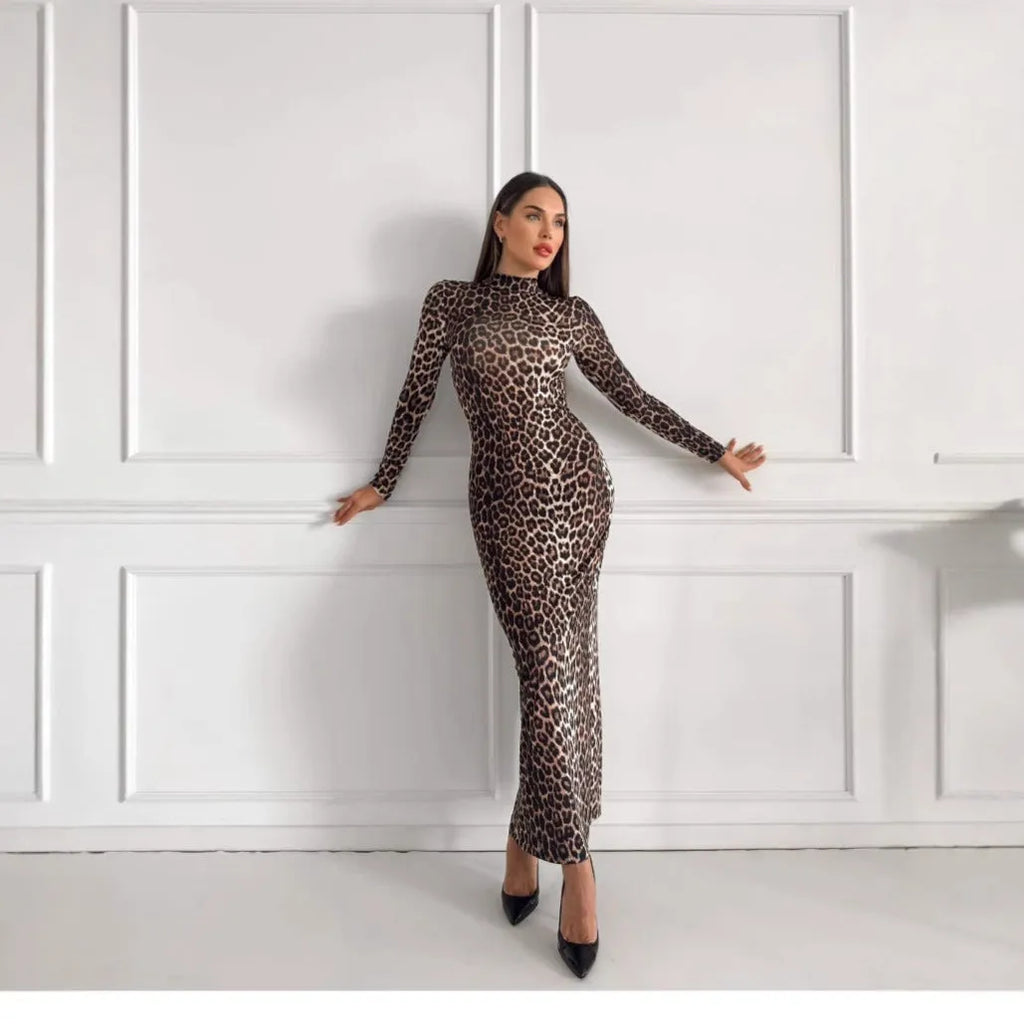 Women's leopard print long dress with a stand collar and long sleeves, showcasing a high waist and hip skirt silhouette.