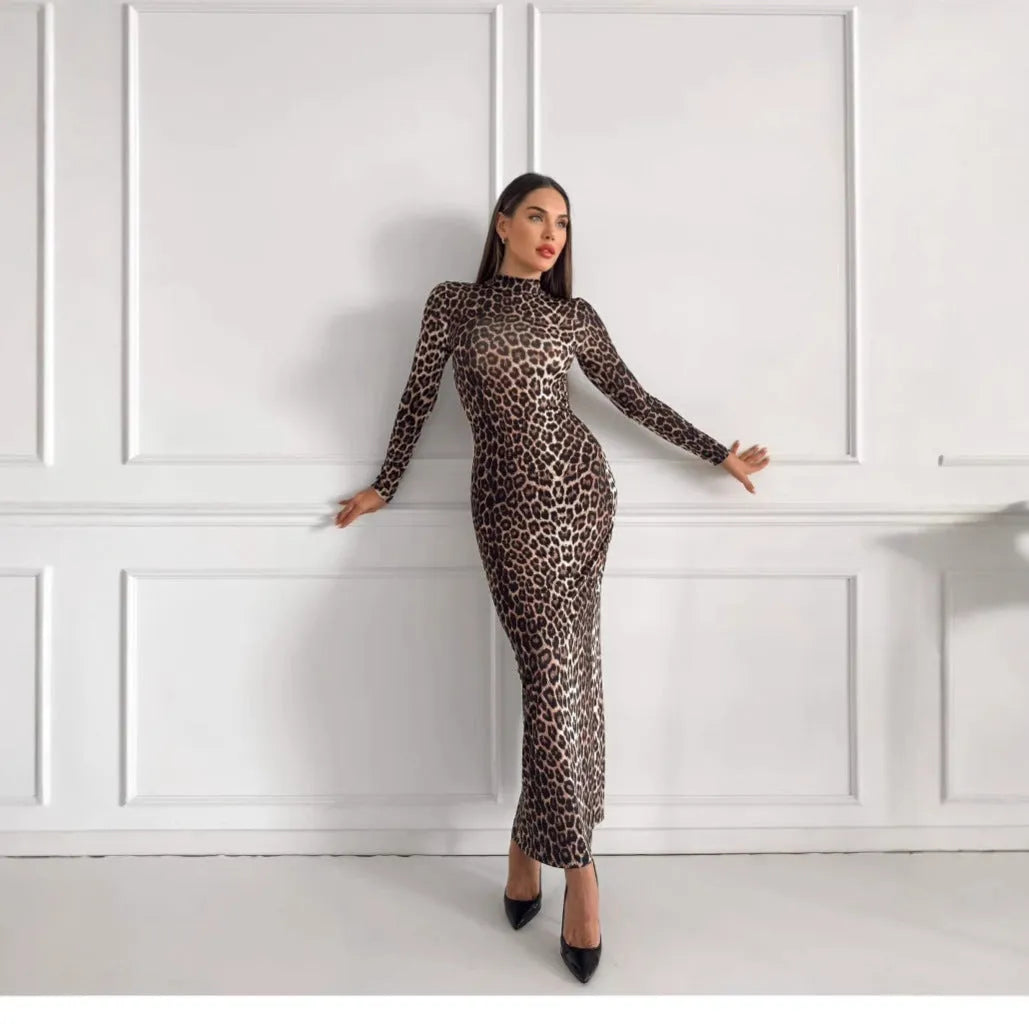 Women's leopard print long dress with a stand collar and long sleeves, showcasing a high waist and hip skirt silhouette.
