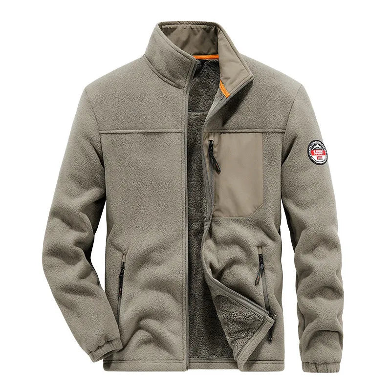 Men's grey fleece cardigan casual jacket with zipper pockets on a hanger.