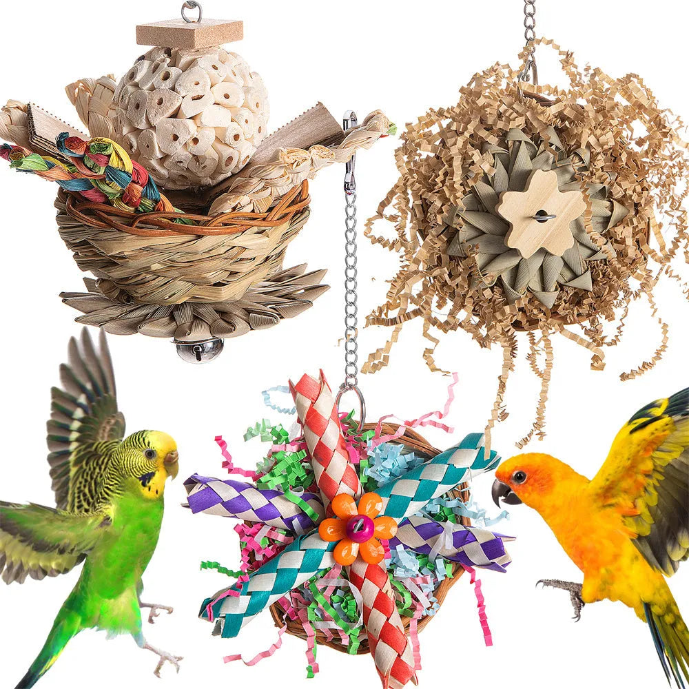 Parrot chewing toy with colourful plastic components and metal hanging chain for cage attachment