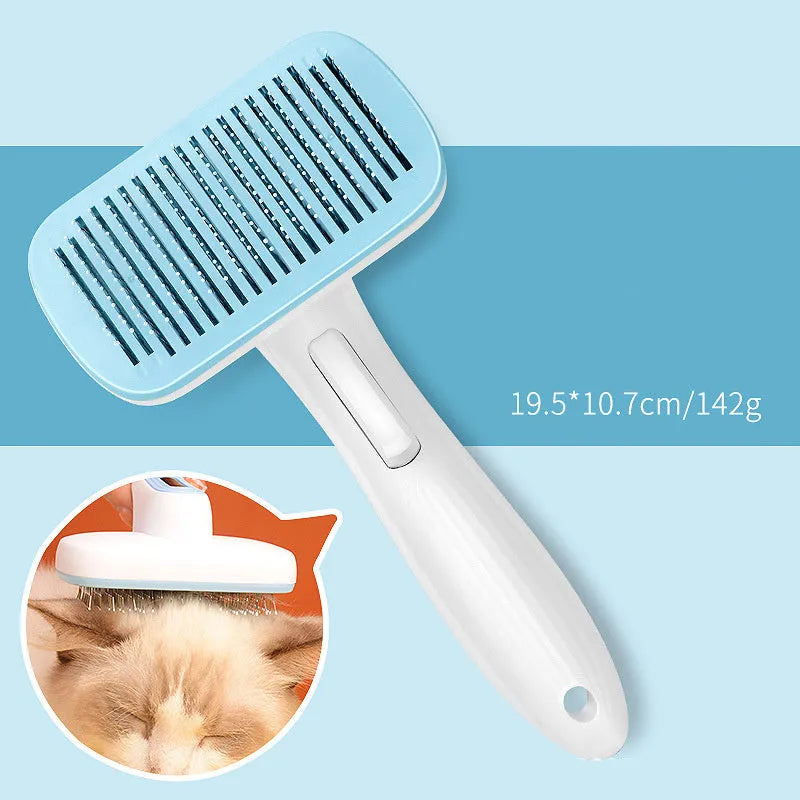 Automatic pet hair removal comb in blue, showing compact design and needle comb.