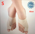 Corrective toe socks with silicone gel bunion pad and toe separator on a foot.