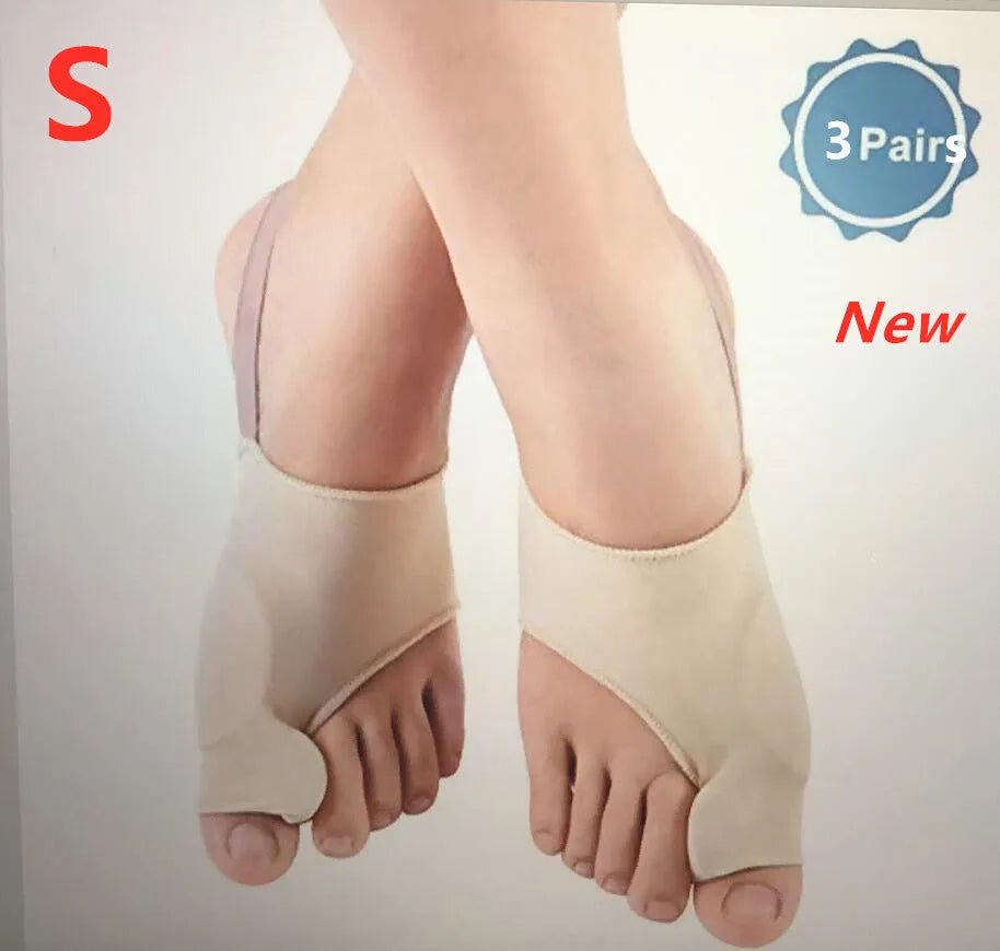 Corrective toe socks with silicone gel bunion pad and toe separator on a foot.