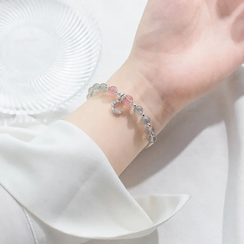 Natural moonstone adjustable bracelet with silver extension chain and crescent moon accent