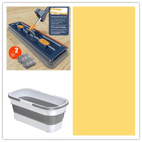 Large flat mop with long stainless steel handle and blue cleaning cloth on a hard floor.