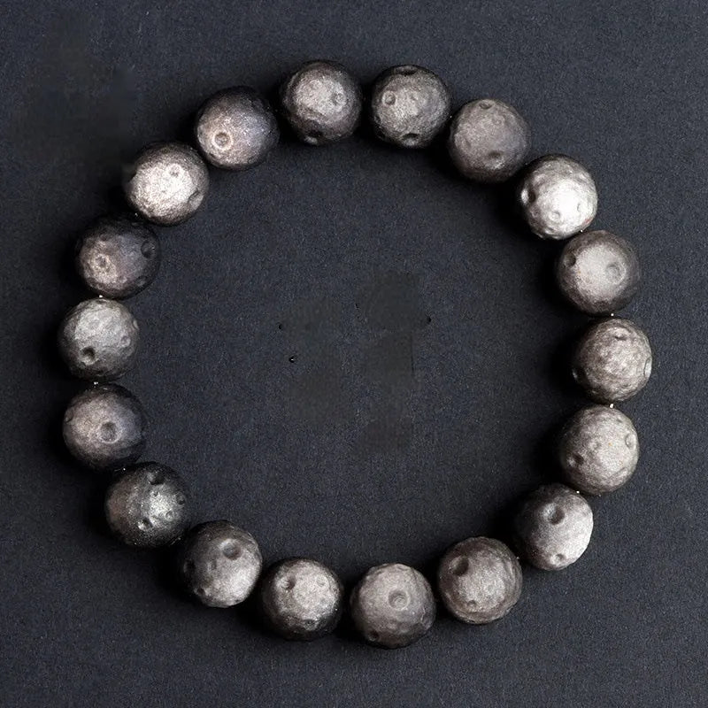 Natural obsidian crater ball bracelet with stone meteorite beads in silver or gold colour options
