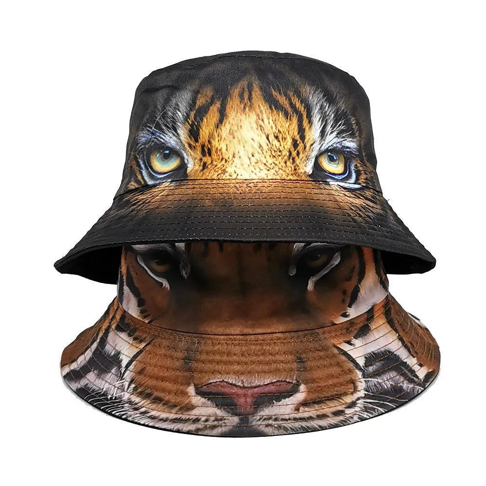 Khaki tiger print polyester bucket hat with dome crown on a neutral background